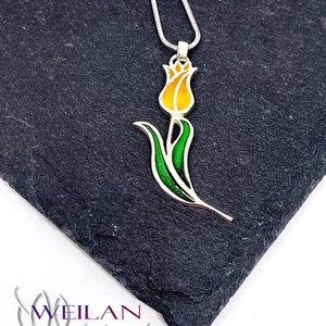 Hej'tulipán - Virágszálam ezüst tűzzománc medál narancs-arany-zöld - ékszer - nyaklánc - medál - Meska.hu