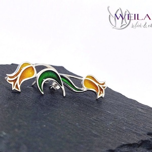 Hej'tulipán - Virágszálam aszimmetrikus ezüst tűzzománc fülbevaló, stiftes kialakítás - narancs-arany-zöld, Ékszer, Fülbevaló, Lógó fülbevaló, Ötvös, Tűzzománc, MESKA