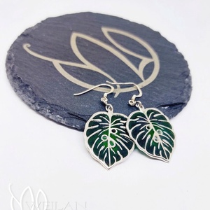 Leaf - Filodendron, monstera ezüst ajour tűzzománc fülbevaló, zöld, Ékszer, Fülbevaló, Lógó fülbevaló, Ötvös, Tűzzománc, MESKA
