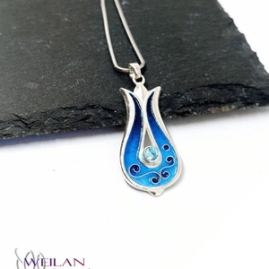 Hej'tulipán - Pántlika ezüst rekeszzománc medál cirkóniával, türkizkék zománcozással - ékszer - nyaklánc - medál - Meska.hu