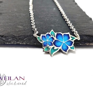 Flora - Nefelejcs ezüst, tűzzománc nyakék, ezüst láncon - kék - ékszer - nyaklánc - medálos nyaklánc - Meska.hu