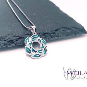 Leaf - Laurus / Babér ezüst tűzzománc medál, kis méret - türkiz - ékszer - nyaklánc - medál - Meska.hu
