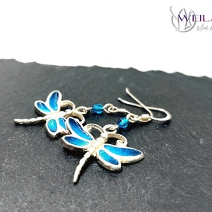 Szitakötő - ezüst tűzzománc fülbevaló (türkizkék) - ékszer - fülbevaló - lógó fülbevaló - Meska.hu