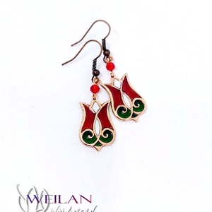 Hej'tulipán - Mátkám bronz tűzzománc fülbevaló, népi kézműves ékszer, piros-fehér-zöld - Meska.hu