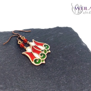 Hej'tulipán - Mátkám bronz tűzzománc fülbevaló, népi kézműves ékszer, piros-fehér-zöld - ékszer - fülbevaló - lógó fülbevaló - Meska.hu