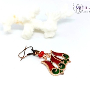 Hej'tulipán - Mátkám bronz tűzzománc fülbevaló, népi kézműves ékszer, piros-fehér-zöld - ékszer - fülbevaló - lógó fülbevaló - Meska.hu