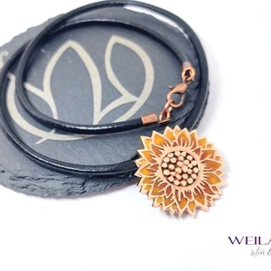 Flora - Napraforgóvirág magokkal, bronz tűzzománc medál, arany-narancs, Ékszer, Nyaklánc, Medálos nyaklánc, Ékszerkészítés, Tűzzománc, MESKA