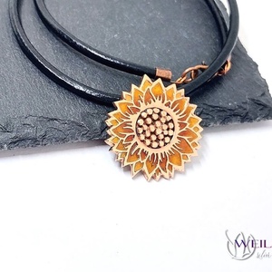 Flora - Napraforgóvirág magokkal, bronz tűzzománc medál, arany-narancs - ékszer - nyaklánc - medálos nyaklánc - Meska.hu