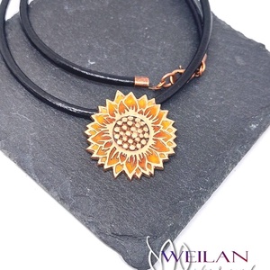 Flora - Napraforgóvirág magokkal, bronz tűzzománc medál, arany-narancs - ékszer - nyaklánc - medálos nyaklánc - Meska.hu