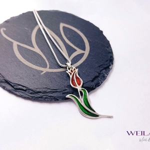 Hej'tulipán - Virágszálam ezüst tűzzománc medál piros-zöld, Ékszer, Nyaklánc, Medál, Ötvös, Tűzzománc, MESKA