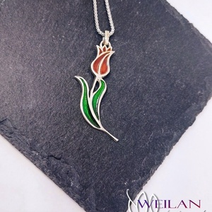 Hej'tulipán - Virágszálam ezüst tűzzománc medál piros-zöld - ékszer - nyaklánc - medál - Meska.hu