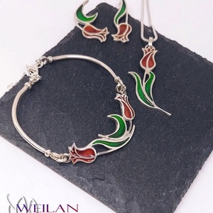 Hej'tulipán - Virágszálam ezüst tűzzománc medál piros-zöld - ékszer - nyaklánc - medál - Meska.hu