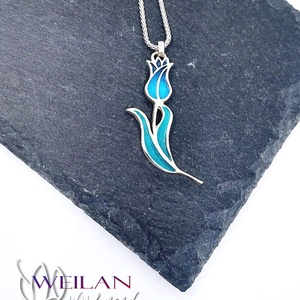 Hej'tulipán - Virágszálam ezüst tűzzománc medál kék-zöld - Meska.hu