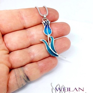 Hej'tulipán - Virágszálam ezüst tűzzománc medál kék-zöld - ékszer - nyaklánc - medál - Meska.hu