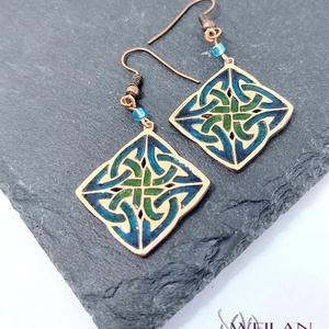 Vatis bronz tűzzománc fülbevaló, türkizkék-zöld, Ékszer, Fülbevaló, Lógó fülbevaló, Tűzzománc, Ötvös, MESKA