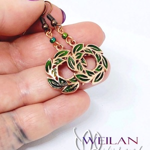 Leaf - Laurus / Babér bronz tűzzománc fülbevaló - zöld - Meska.hu