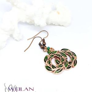 Leaf - Laurus / Babér bronz tűzzománc fülbevaló - zöld - ékszer - fülbevaló - lógó fülbevaló - Meska.hu