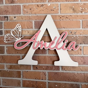 Fa névtábla nagy kezdőbetűvel és teljes névvel. A két réteg színe szabadon választható., Baba - mama, Babaszoba dekoráció, Gyerek névtábla, , MESKA