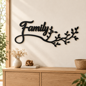Family feliratú fa faldekoráció leveles ággal - Meska.hu