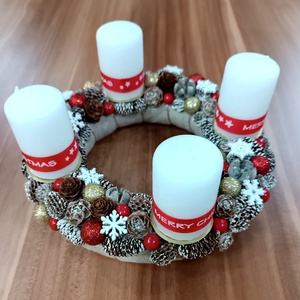 Piros , arany, fehér kerek adventi koszorú  - Meska.hu