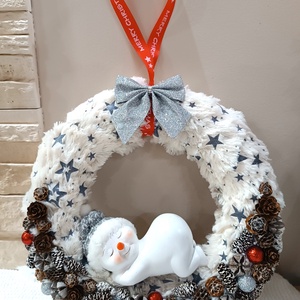 Plüss koszorú alapon, hóemberes kopogtató, ajtódísz, Karácsony, Karácsonyi lakásdekoráció, Karácsonyi ajtódíszek, Mindenmás, MESKA