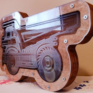 Pénzgyűjtő persely - munkagép1, Otthon & Életmód, Dekoráció, Asztal és polc dekoráció, Persely, Gravírozás, pirográfia, MESKA