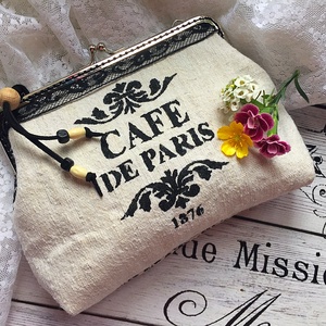 CAFE DE PARIS romantikus - kendervászon fémkeretes tárca., , Varrás, Hímzés, MESKA