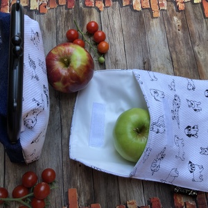 Kutyás pamut és hímzett farmer műanyag keretes tárca és öko tasak szettben! - táska & tok - uzsonna- & ebéd tartó - szendvics csomagoló - Meska.hu