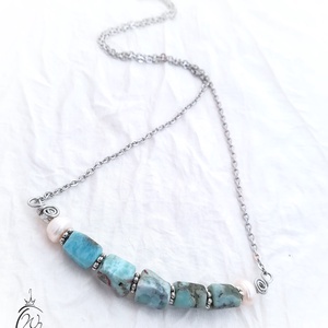 Larimar-gyöngy nyakbavaló acéllal - ékszer - nyaklánc - medálos nyaklánc - Meska.hu