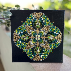 Zöld-arany pontfestett falikép , Otthon & Életmód, Dekoráció, Spiritualitás, Mandala, Festett tárgyak, Festészet, MESKA