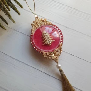Kézzel készült sötétrózsaszín bársony óradísz  vintage karácsonyfadísz strasszokkal és bojtokkal, elegáns ajándék - karácsony - karácsonyi lakásdekoráció - karácsonyfadíszek - Meska.hu