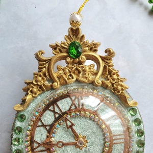 Kézzel készített menta zöld bársony karácsonyi óra 8 cm  vintage, barokk stílusú, limitált kiadású karácsonyfadísz - karácsony - karácsonyi lakásdekoráció - karácsonyfadíszek - Meska.hu