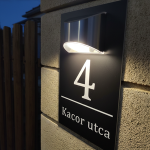 Napelemes házszámtábla, Egyedi feliratos házszám, Utcanévvel, Automata alkonykapcsolóval, LED-es, Világító utcanévtábla , Otthon & Életmód, Ház & Kert, Házszám, Gravírozás, pirográfia, teszt, MESKA