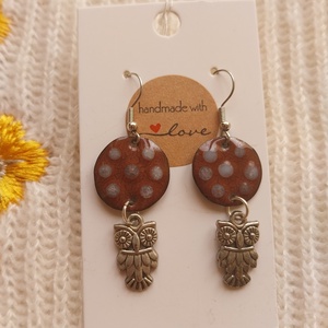 Barna baglyos tűzzománc fülbevaló, Ékszer, Fülbevaló, Lógó fülbevaló, Tűzzománc, MESKA