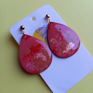 Piros és arany színű fa csepp fülbevaló, Ékszer, Fülbevaló, Lógó fülbevaló, Ékszerkészítés, Festett tárgyak, MESKA