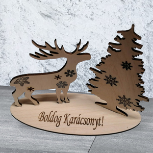 Szarvasos, fás asztali dísz, Karácsony, Karácsonyi lakásdekoráció, Ünnepi asztaldekoráció, Famegmunkálás, MESKA