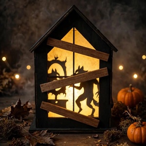 Világító Halloween-ház – négyoldalas fa LED dekoráció, Otthon & Életmód, Dekoráció, Halloween, Halloweeni lámpás, Festett tárgyak, Gravírozás, pirográfia, Hangulatos, ház alakú Halloween-lámpás, amelynek mind a négy oldalát eltérő, hátborzongató minta dí..., MESKA