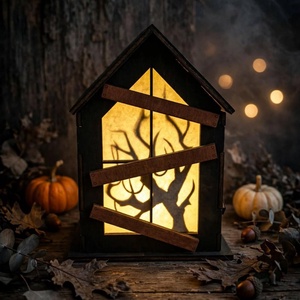 Világító Halloween-ház � négyoldalas fa LED dekoráció - otthon & életmód - dekoráció - halloween - halloweeni lámpás - Meska.hu