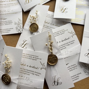 Elegáns félborítékos aranyozott meghívó, szárazvirággal és viaszpecséttel, Esküvő, Meghívó & Kártya, Meghívó, Fotó, grafika, rajz, illusztráció, MESKA