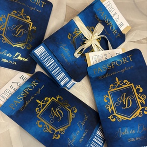 Útleveles, beszállókártyás kék esküvői meghívó - Meska.hu