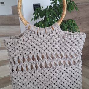 makramé táska, szatyor - bézs, Táska & Tok, Bevásárlás & Shopper táska, Shopper, textiltáska, szatyor, Csomózás, MESKA