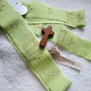 Kézzel festett és bélyegzett, tépett, pamutszalag, Bibliai, igés, felirattal- zöld- 025, , , MESKA