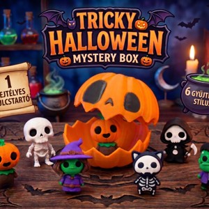 Halloween mystery box, meglepetés kulcstartó figurával � csontváz, kaszás vagy szörny a kattanós tök dobozban, ajándék - Meska.hu