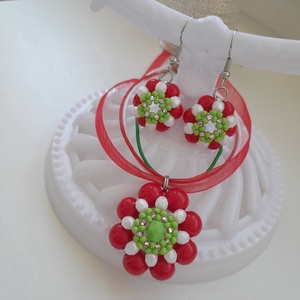 Nemzeti színű gyöngy medálos nyaklánc + fülbevaló, Ékszer, Nyaklánc, Medálos nyaklánc, Ékszerkészítés, Gyöngyfűzés, gyöngyhímzés, MESKA