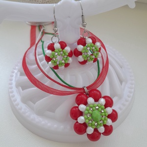 Nemzeti színű gyöngy medálos nyaklánc + fülbevaló - ékszer - nyaklánc - medálos nyaklánc - Meska.hu