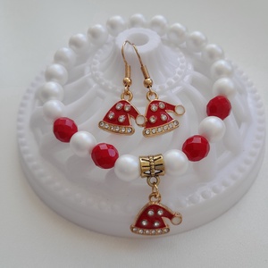Mikulás sapka ékszerszett - karkötő, fülbevaló, Ékszer, Ékszerszett, Ékszerkészítés, MESKA