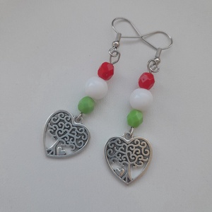 Nemzeti színű fülbevaló - szív-életfa, Ékszer, Fülbevaló, Lógó fülbevaló, Ékszerkészítés, Gyöngyfűzés, gyöngyhímzés, MESKA
