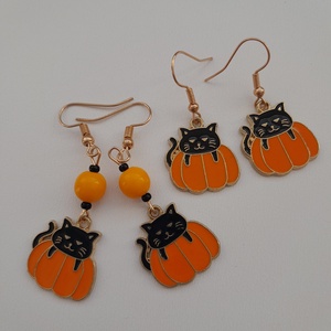 Halloween-fülbevaló - sütőtök-cica - ékszer - fülbevaló - lógó fülbevaló - Meska.hu