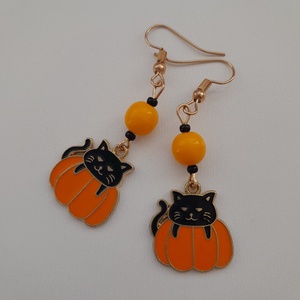 Halloween-fülbevaló - sütőtök-cica - ékszer - fülbevaló - lógó fülbevaló - Meska.hu