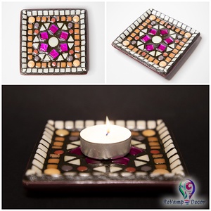 Üvegmozaik mécses vagy szappantartó pink mandala - Meska.hu